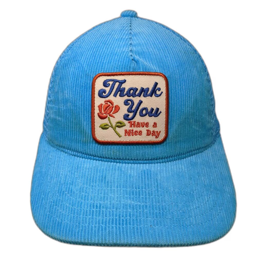 Mighty Fine Blue 5 Panel Hat Snapback OS Corduroy Embroidered Thank You Rose